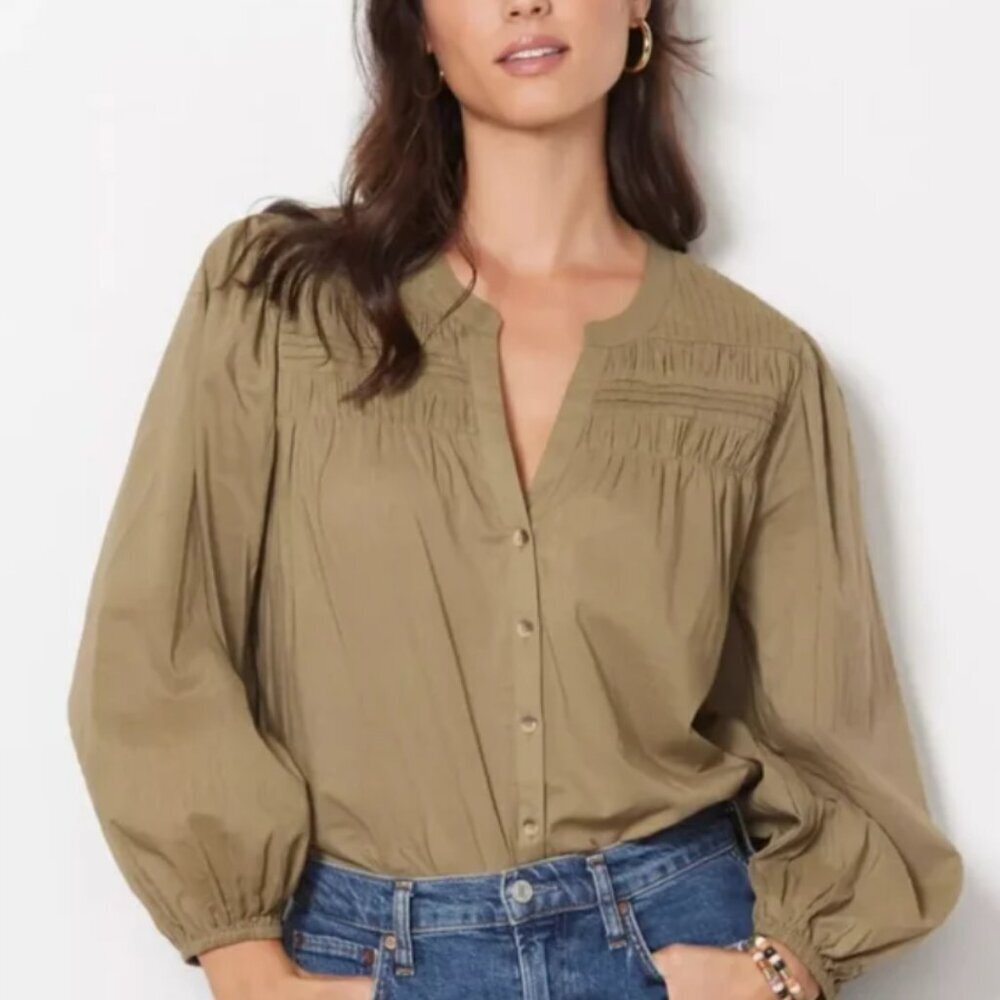 Cleobella River Organic Cotton Pintuck Puff Sleeve Button Up Blouse Olive Green